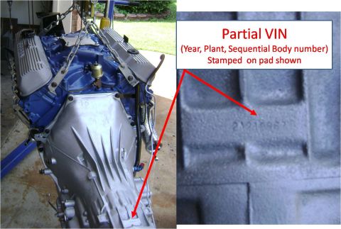 1972 Ford Ranchero - Engine and transmission assembly shown with a close-up of a partial VIN stamped on the pad.