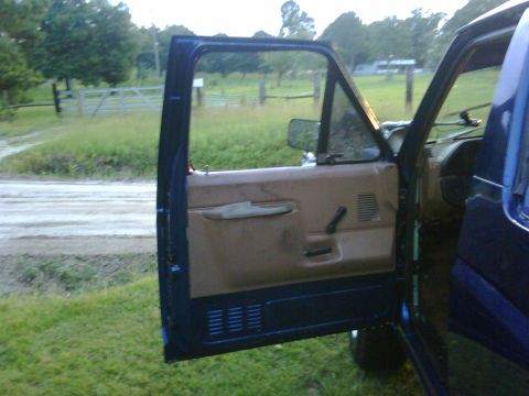 1991 Ford Bronco - The interior door panel of a vehicle is visible with the door ajar, set against a rural outdoor backdrop.