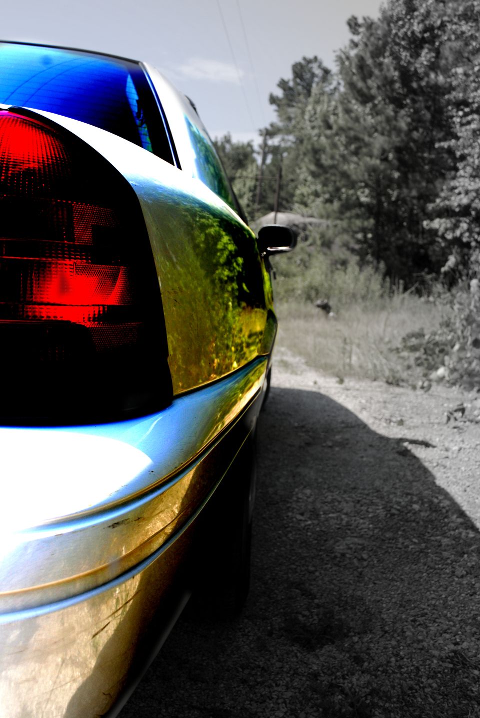 2002 Ford Crown Victoria rear quarter panel and taillight, parked on a dirt road