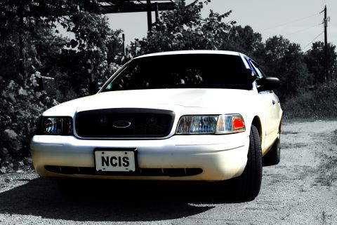 2002 Ford Crown Victoria - A white 2002 Ford Crown Victoria is parked on a dirt road with trees in the background.