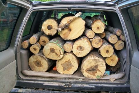 2000 Chevrolet Tahoe - An SUV's cargo area is filled with a large quantity of cut logs.