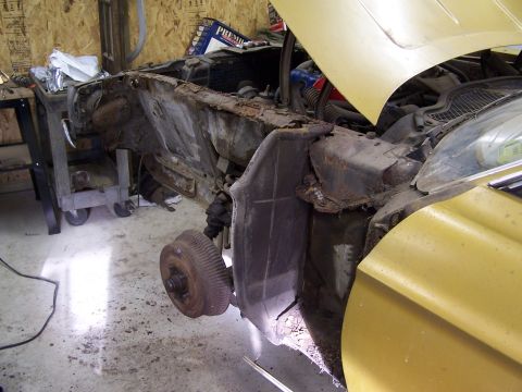 1972 Ford Mustang - The front clip of a 1972 Ford Mustang shows significant rust damage.