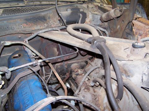 1972 Ford Mustang - Close-up of an engine bay with a blue valve cover and various hoses and wiring.