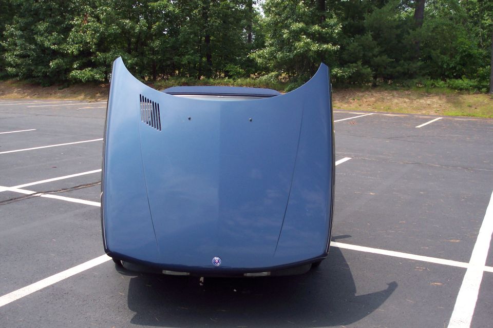 Blue car hood open, parked in lot with trees in background