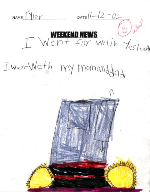 1991 Ford Bronco - A child's drawing depicts a building with two suns, dated November 12, 2002.