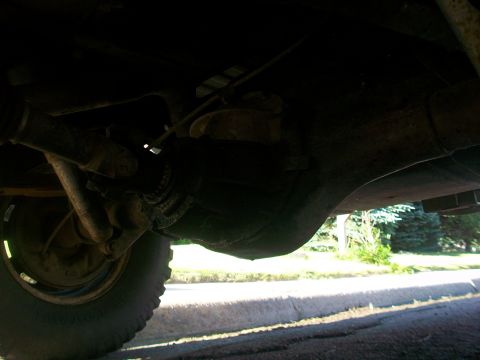 1986 Ford Bronco - Undercarriage view showing the drivetrain components and a tire.