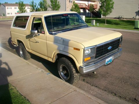 1986 Ford Bronco - This 1980s Ford Bronco is parked curbside on a sunny day, with houses and trees in the background.