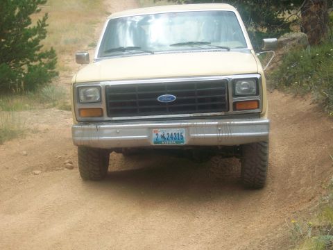 1986 Ford Bronco - Tan Ford Bronco parked on a dirt road, showing its front grille and license plate.