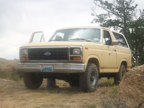 1986 Ford Bronco - A tan Ford Bronco is parked outdoors on a dirt path, with its front door ajar.