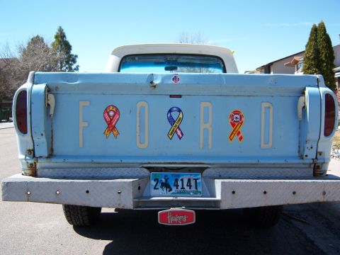 1963 Ford F-100 - Rear view of a light blue 1963 Ford F-100 pickup truck with awareness ribbons on the tailgate.