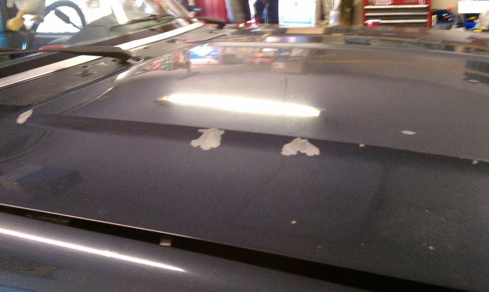 Dark blue hood with peeling paint patches