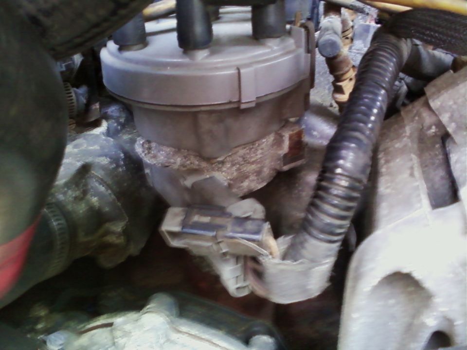Distributor with gray cap and TFI module connector in a dirty engine bay
