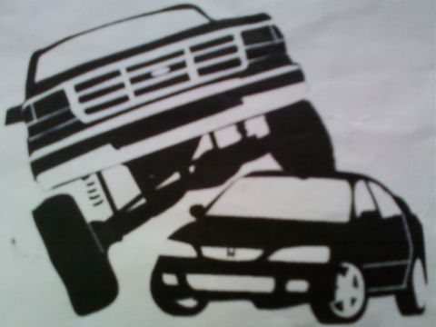 1990 Ford Bronco - Stencil art depicts a large lifted truck positioned over a sedan, with the Supermotors logo in the lower right corner.