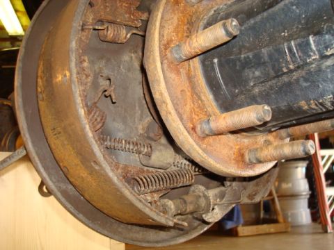 1995 Ford Bronco - This photo shows a worn drum brake system, not a specific vehicle model year.