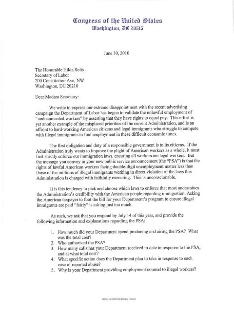 1972 Ford Ranchero - A letter from the United States Congress addresses the Secretary of Labor regarding a recent campaign.