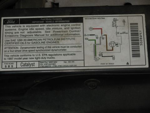 1983 Ford Bronco - A vehicle information sticker details engine control systems and vacuum hose routing.