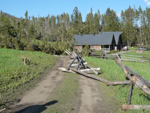 2006 Ford E350 - A rural cabin is surrounded by trees, some of which have fallen, damaging a wooden fence along a dirt road.