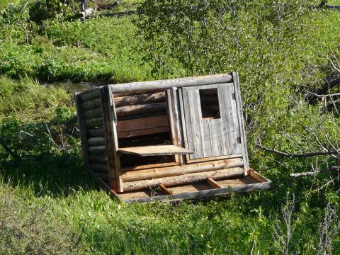 2006 Ford E350 - A damaged wooden structure lies on its side amidst overgrown grass and trees, suggesting it was affected by severe weather.