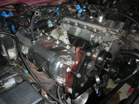 1992 Ford Crown Victoria - Close-up view of an engine bay chrome valve covers and an aftermarket pulley system, likely during a rebuild.