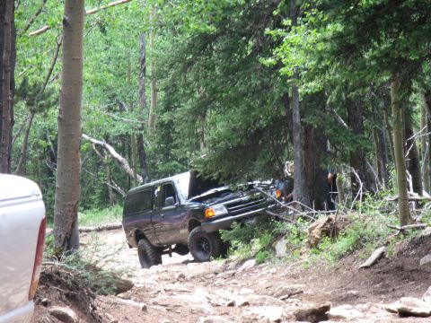 1978 Ford F-150 - Off-road scene with a dark pickup truck stuck against a tree, hood open, and a white vehicle in the foreground.