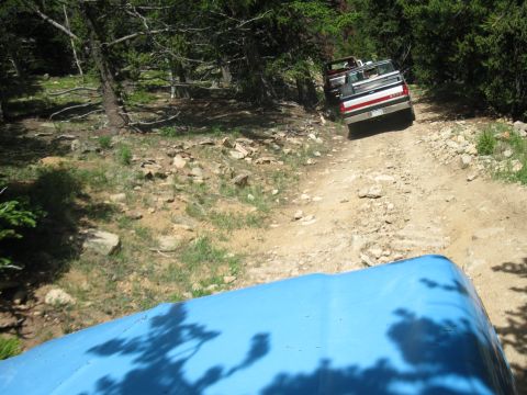 1978 Ford F-150 - Two trucks navigate a rocky dirt road through a wooded area.
