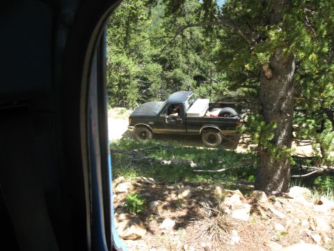 1978 Ford F-150 - A black pickup truck navigates a wooded dirt road, with a spare tire visible in the bed.