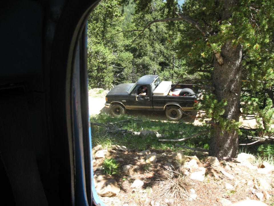 Black pickup truck on a dirt road in a wooded area