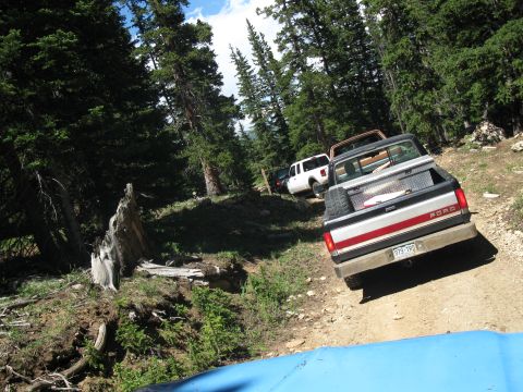 1978 Ford F-150 - A line of trucks, including a Ford pickup, navigate a wooded mountain trail.