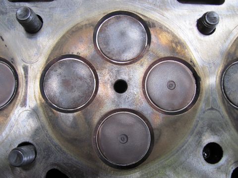 2005 Dodge 3500 - This image shows a close-up view of an engine cylinder head, four valves and surrounding bolt holes.
