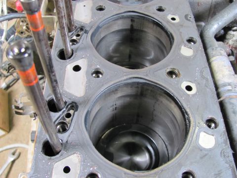 2005 Dodge 3500 - Close-up view of an engine block's cylinders, showing internal wear and pushrods.