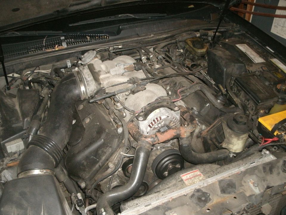 Engine bay with V8 engine components visible, including alternator and intake manifold