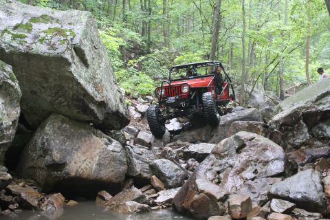 1984 Ford Bronco II - A red Jeep is carefully driven over a challenging rocky terrain in a wooded area.