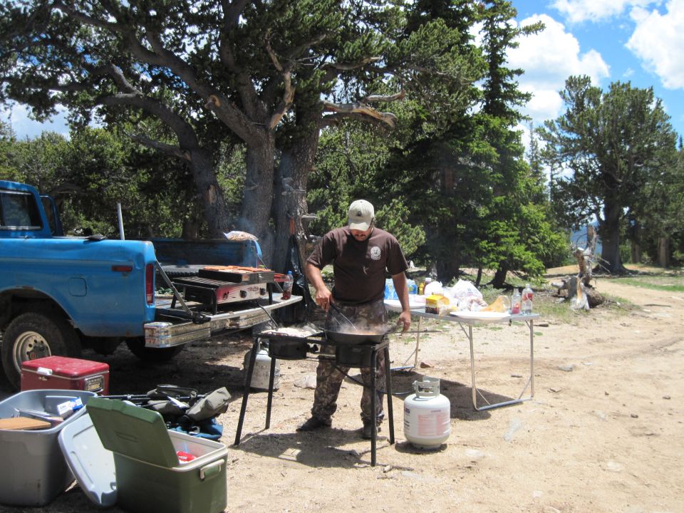 Blue Ford pickup truck, side view, with tailgate down, parked on dirt road near trees. A man is cooking at a grill