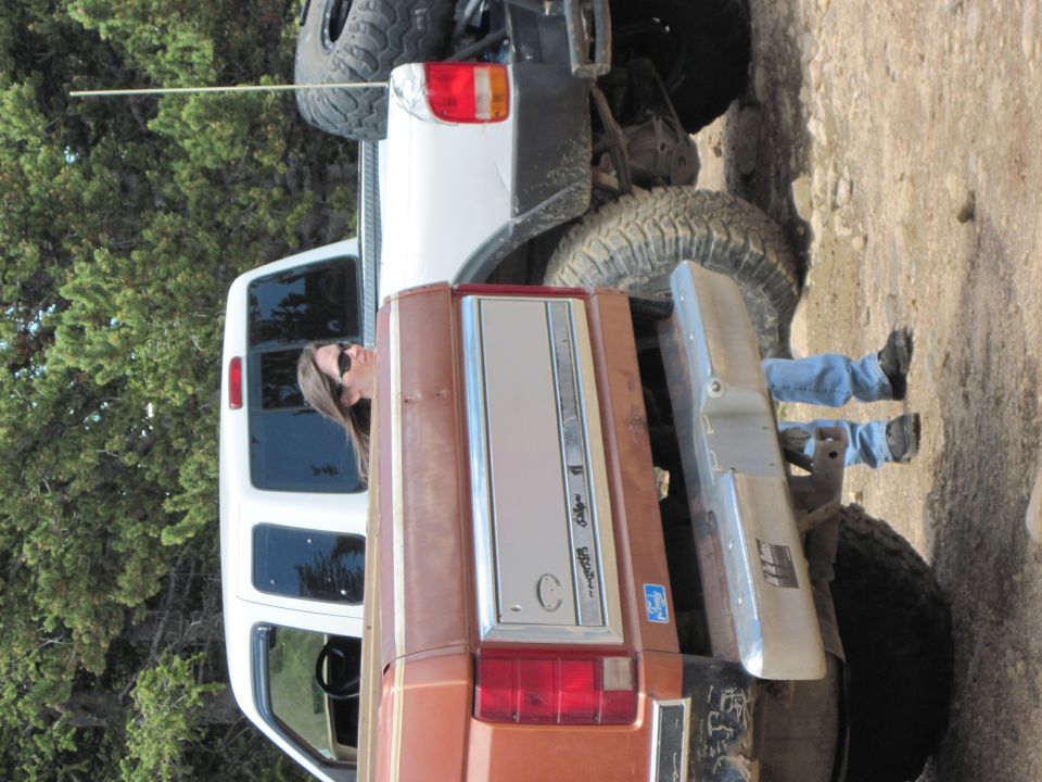 Brown pickup truck's rear end, white pickup truck behind it. Woman in brown truck, person working on white truck