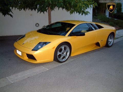 1998 Ford Crown Victoria - A bright yellow Lamborghini is parked curbside, its distinctive sports car design.