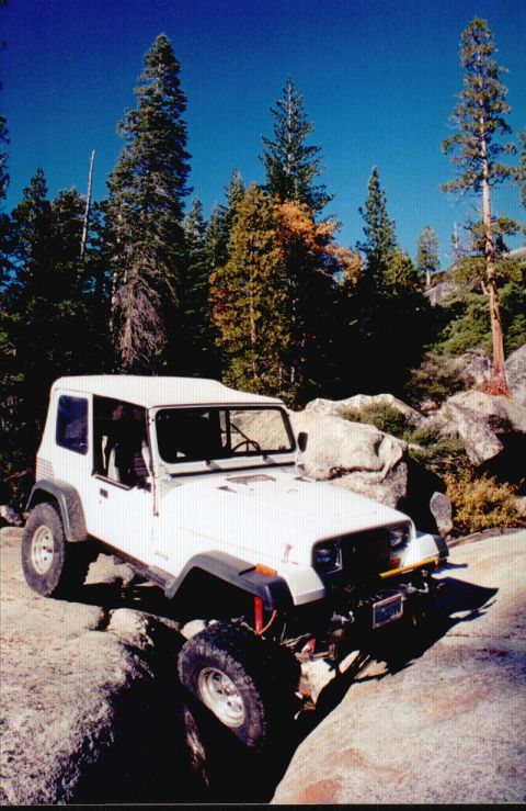 1996 Ford Bronco - A white Jeep Wrangler is shown off-roading on a , rocky path surrounded by trees.