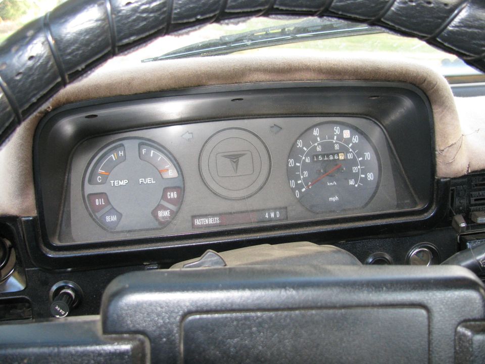 Dashboard gauges showing fuel, temperature, oil, brake, and speedometer. Includes a 4WD indicator