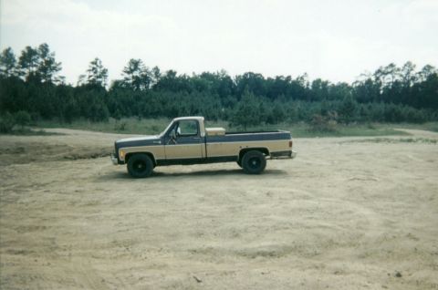 1977 Chevrolet C/K Pickup - Side view of a 1977 Chevrolet C/K Pickup truck parked in an open, dirt area with trees behind it.