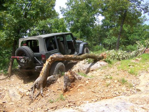 1992 Jeep YJ - Jeep YJ tackles an off-road obstacle with a large fallen tree.