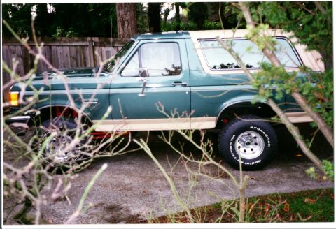 1990 Ford Bronco - A side profile of a two-tone green and tan Ford Bronco, partially obscured by tree branches.