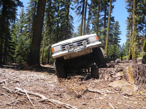 1991 Ford Bronco - White Ford Bronco navigates a rough, wooded trail with a winch mounted on the front bumper.