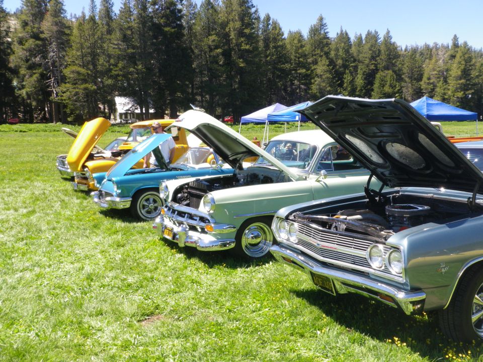 Several classic cars parked on grass, hoods open. The closest car is light blue-green. The car behind it is light green. Behind that is a teal car, and then a yellow car