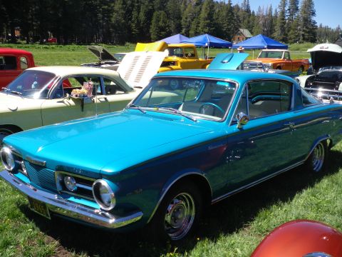 1991 Ford Bronco - A bright blue coupe is parked on a grassy field with other vehicles and tents in the background.