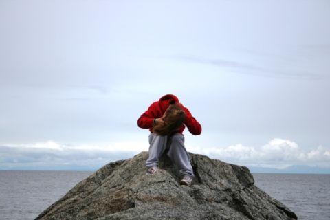 1990 Chevrolet Suburban - A person sits on a rock overlooking the water under an overcast sky.