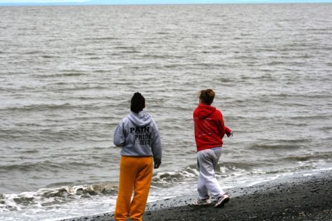 1990 Chevrolet Suburban - Two individuals observe the ocean from a beach on a cloudy day.