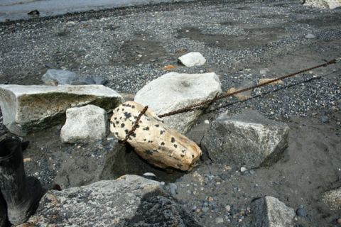 1990 Chevrolet Suburban - A chain is attached to a rock on a gravelly shore, with a black boot in the foreground.