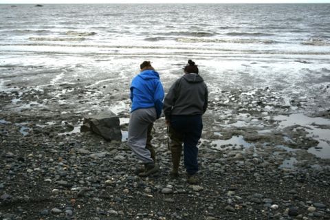 1990 Chevrolet Suburban - Two individuals observe the tide at a rocky and muddy coastal area.