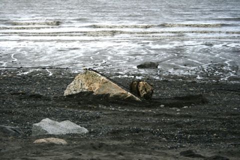 1990 Chevrolet Suburban - A desolate beach scene with scattered rocks and the ocean in the background.