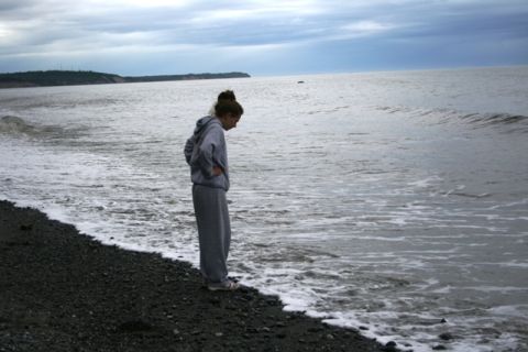 1990 Chevrolet Suburban - A person contemplates the ocean waves from a rocky shore on an overcast day.