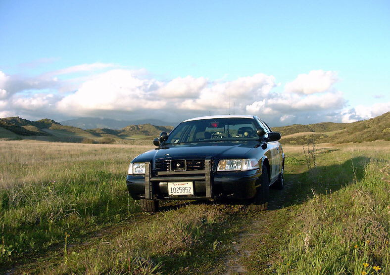Dark Crown Victoria with push bar and CA exempt plate 1025852 parked on a grassy trail in open hills